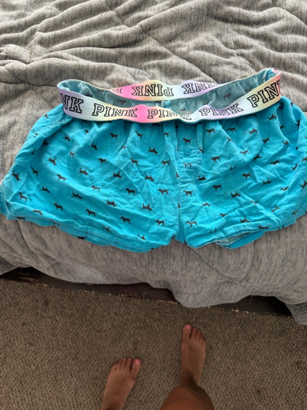 PINK Victoria's Secret Teal Dog-Print Lounge Shorts with Rainbow Logo Waistband